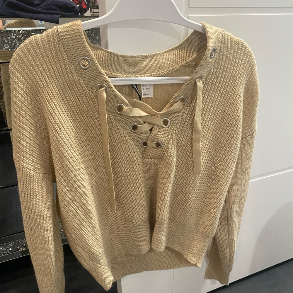 Beige size small tie up front sweater h&m